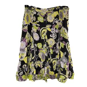 Sigrid Olsen 100% Silk Midi Skirt Size 10 Black Green Paisley Floral A-Line